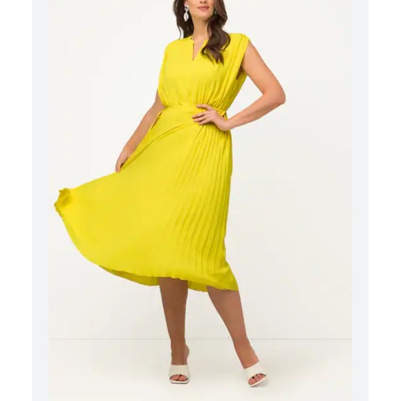 Ulla Popken Yellow Pleated Chiffon Midi Dress Sleeveless Tie Waist Size 24 Plus - Picture 1 of 11